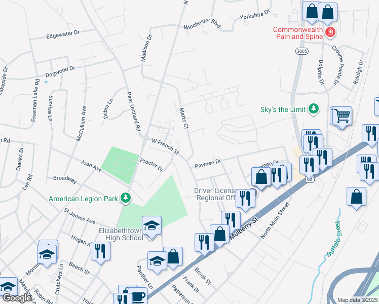 map of restaurants, bars, coffee shops, grocery stores, and more near 240 West French Street in Elizabethtown