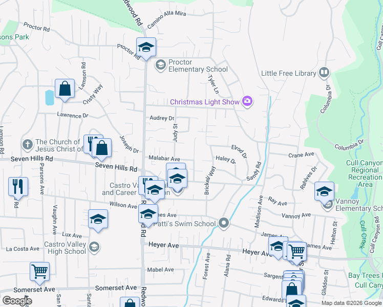 map of restaurants, bars, coffee shops, grocery stores, and more near 18393 Pepper Street in Castro Valley