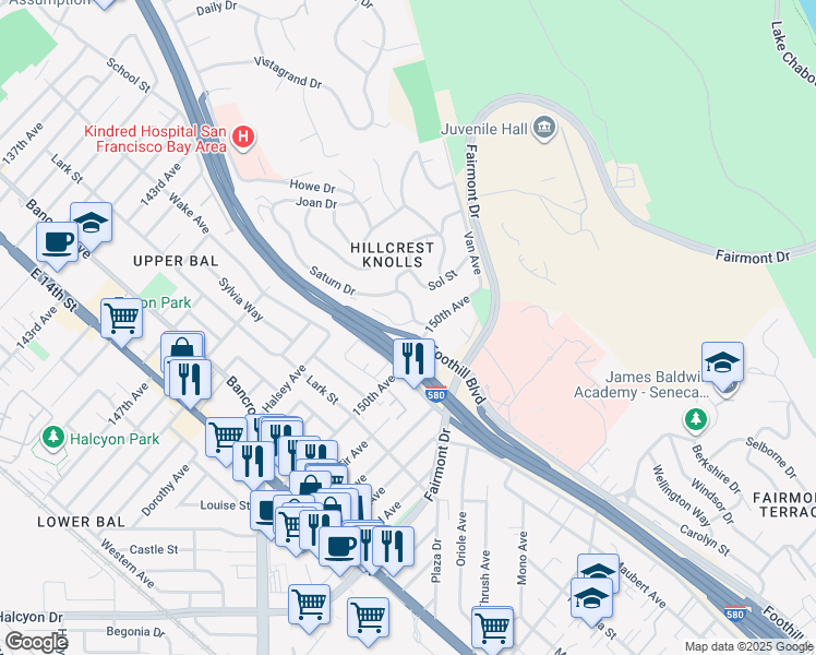 map of restaurants, bars, coffee shops, grocery stores, and more near 1995 149th Avenue in San Leandro