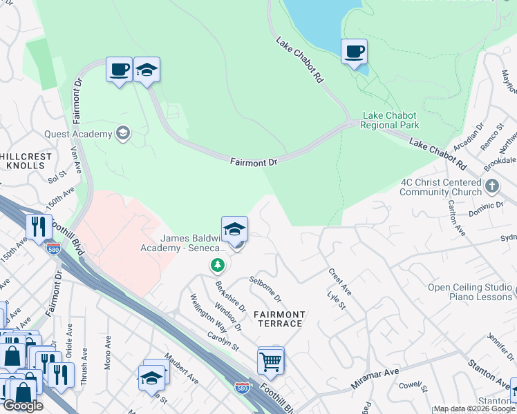 map of restaurants, bars, coffee shops, grocery stores, and more near 15933 Cambrian Drive in San Leandro