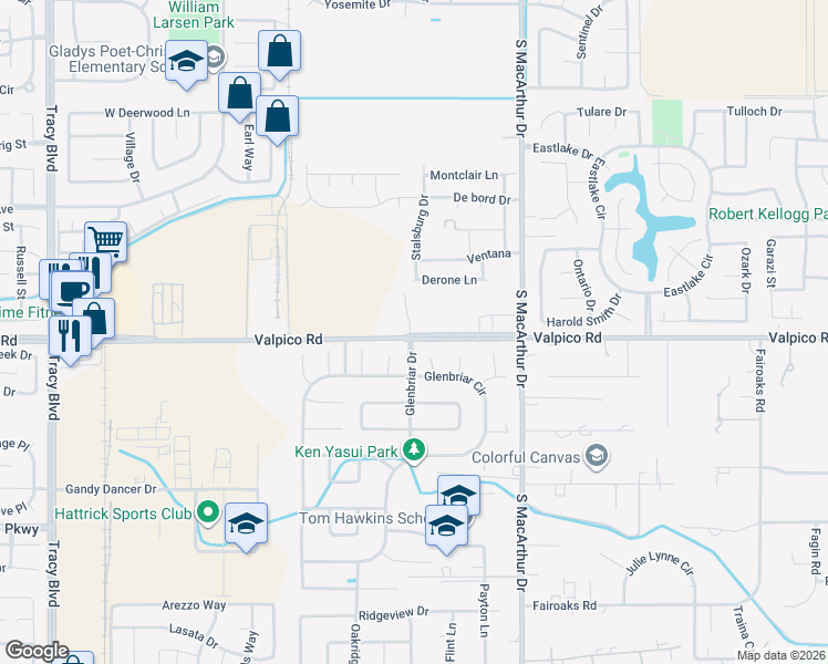 map of restaurants, bars, coffee shops, grocery stores, and more near 355 Valpico Road in Tracy
