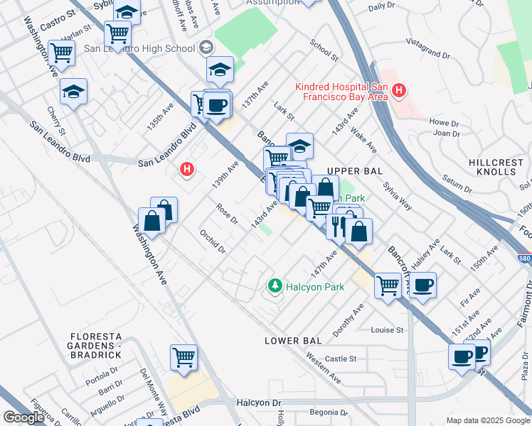map of restaurants, bars, coffee shops, grocery stores, and more near 14255 East 14th Street in San Leandro