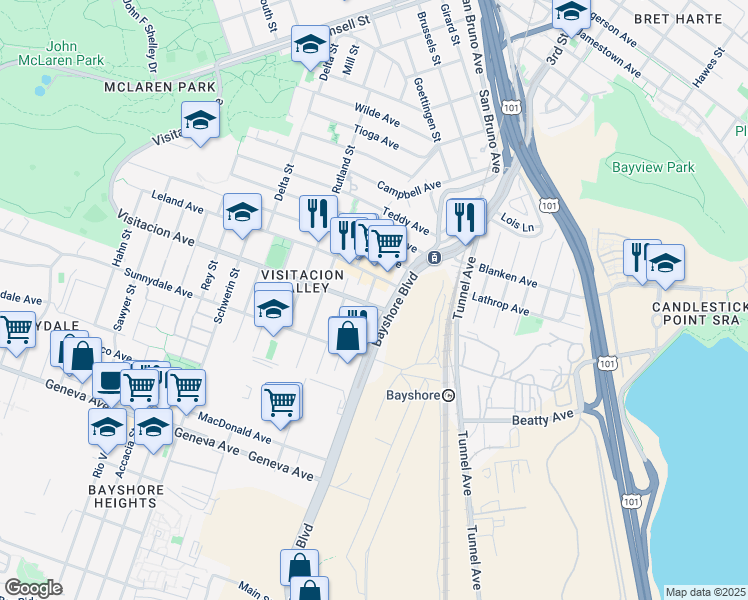 map of restaurants, bars, coffee shops, grocery stores, and more near 35 Leland Avenue in San Francisco