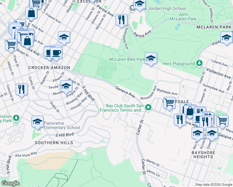 map of restaurants, bars, coffee shops, grocery stores, and more near 1685 Geneva Avenue in San Francisco