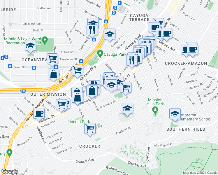 map of restaurants, bars, coffee shops, grocery stores, and more near 482 Ellington Avenue in San Francisco