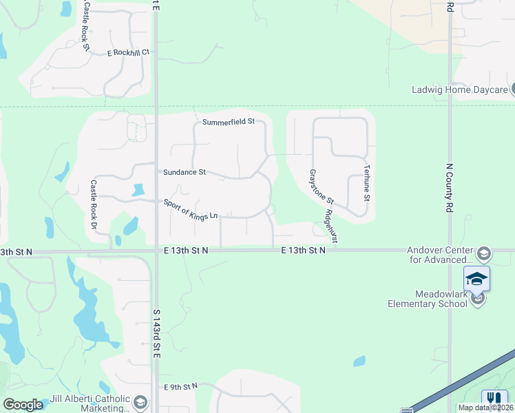 map of restaurants, bars, coffee shops, grocery stores, and more near 14821 E Sundance St in Wichita