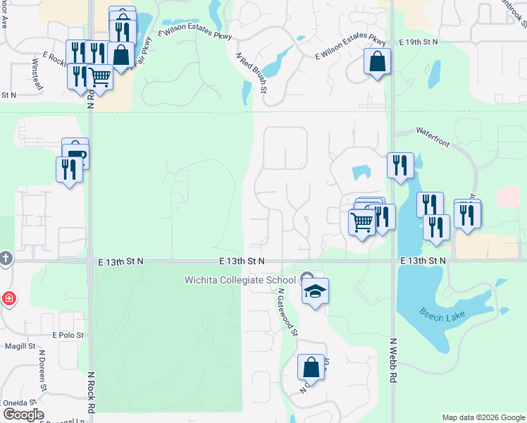 map of restaurants, bars, coffee shops, grocery stores, and more near 1530 Gatewood Court in Wichita