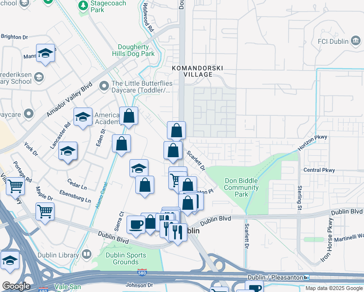 map of restaurants, bars, coffee shops, grocery stores, and more near Dougherty Road & Scarlett Drive in Dublin
