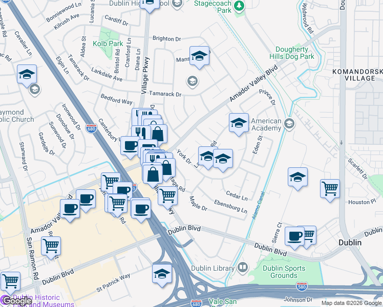 map of restaurants, bars, coffee shops, grocery stores, and more near 7073 York Court in Dublin