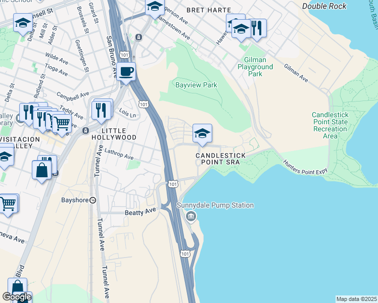 map of restaurants, bars, coffee shops, grocery stores, and more near 150 Executive Park Boulevard in San Francisco