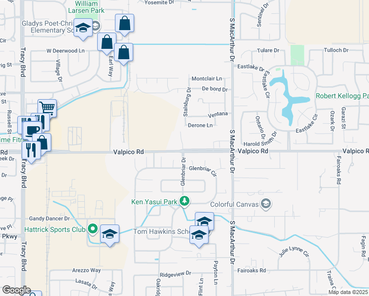 map of restaurants, bars, coffee shops, grocery stores, and more near 355 Valpico Road in Tracy