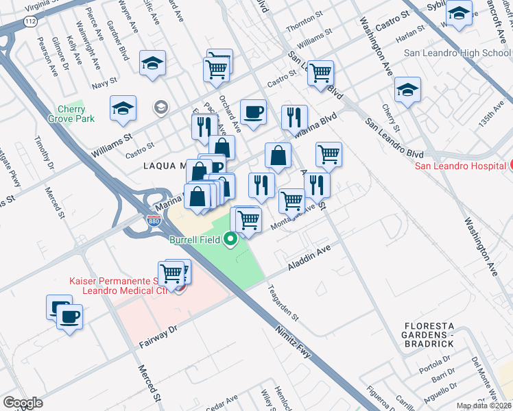 map of restaurants, bars, coffee shops, grocery stores, and more near 2482 Teagarden Street in San Leandro