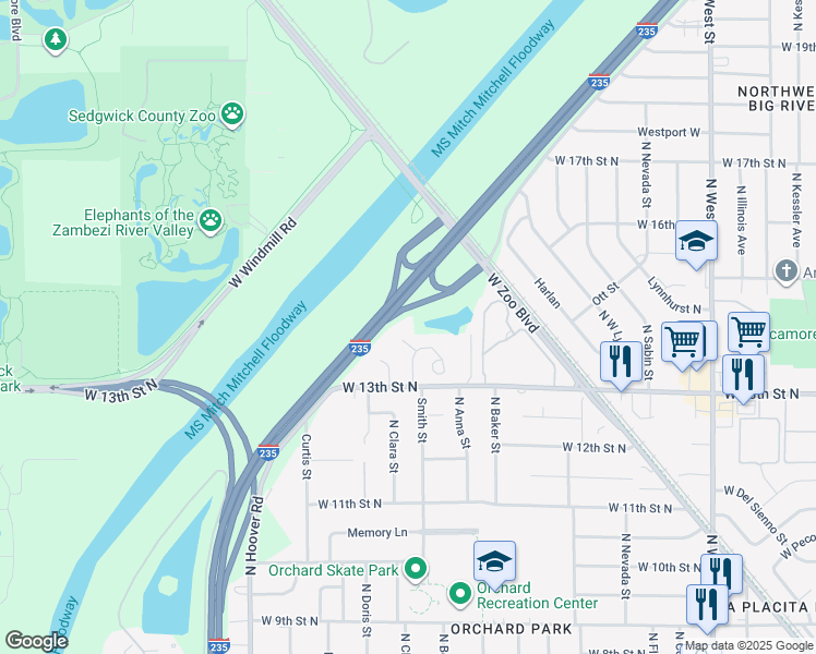 map of restaurants, bars, coffee shops, grocery stores, and more near 1457 N Smith Ct in Wichita
