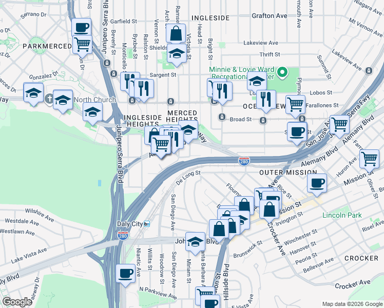 map of restaurants, bars, coffee shops, grocery stores, and more near 2 Victoria Street in San Francisco