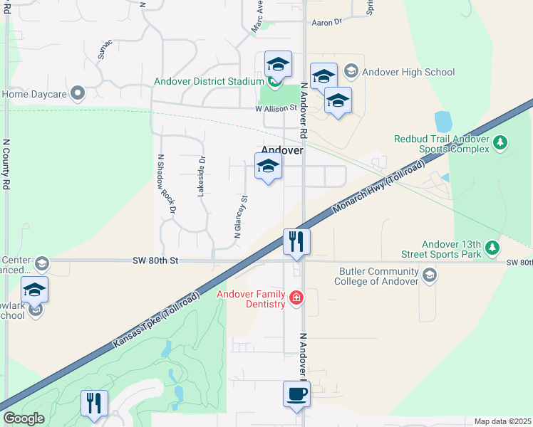 map of restaurants, bars, coffee shops, grocery stores, and more near 1411 North Main Street in Andover