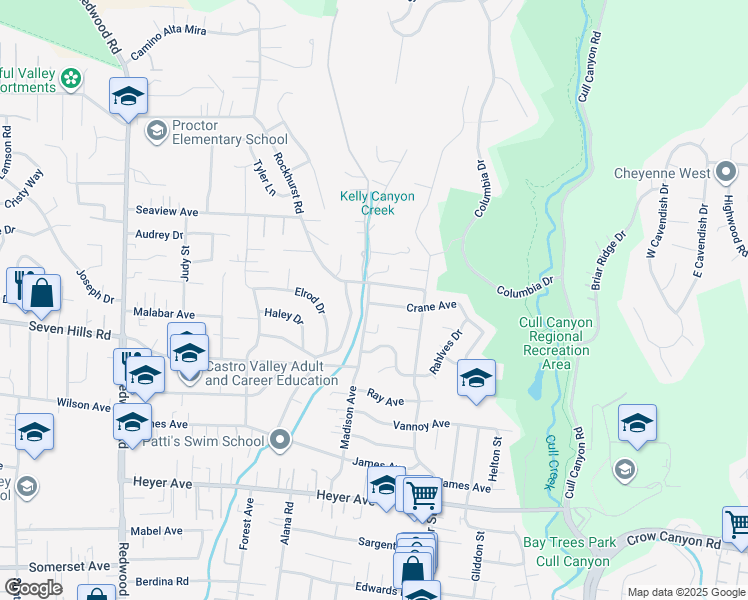 map of restaurants, bars, coffee shops, grocery stores, and more near 18592 Madison Avenue in Castro Valley