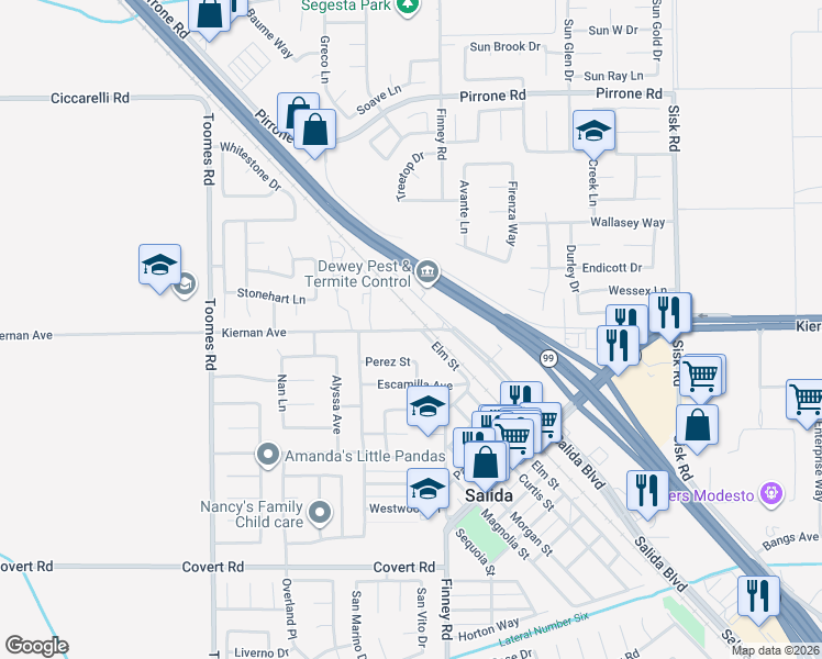 map of restaurants, bars, coffee shops, grocery stores, and more near 5000 Salida Boulevard in Salida