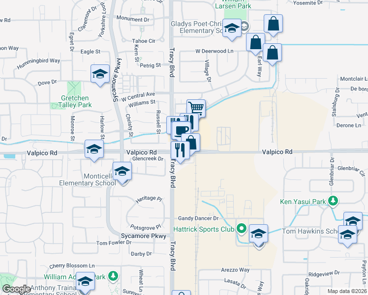 map of restaurants, bars, coffee shops, grocery stores, and more near 2600 South Tracy Boulevard in Tracy