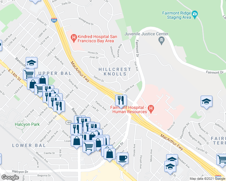 map of restaurants, bars, coffee shops, grocery stores, and more near 14848 Boulevard Court in San Leandro
