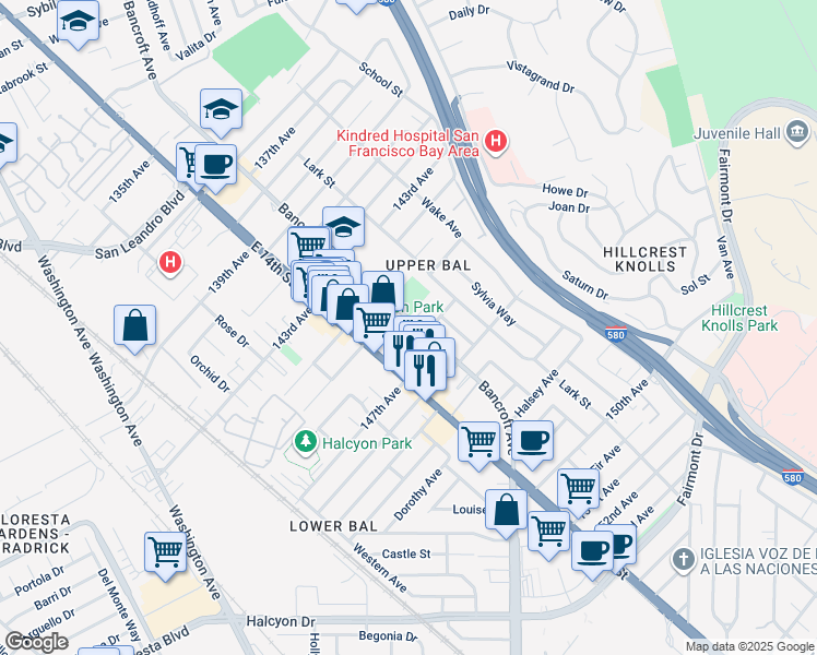 map of restaurants, bars, coffee shops, grocery stores, and more near 14300-14584 Bancroft Avenue in San Leandro