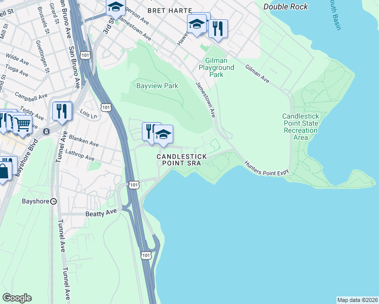 map of restaurants, bars, coffee shops, grocery stores, and more near 261 Crescent Way in San Francisco