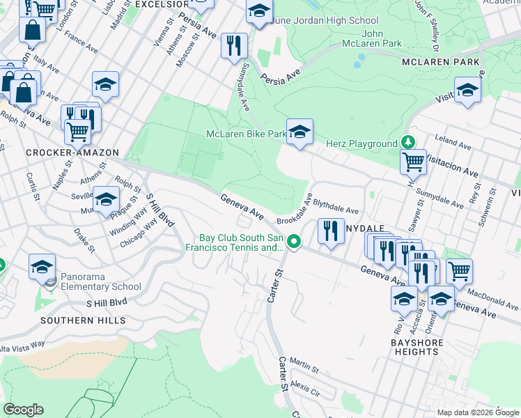 map of restaurants, bars, coffee shops, grocery stores, and more near 1745 Geneva Avenue in San Francisco