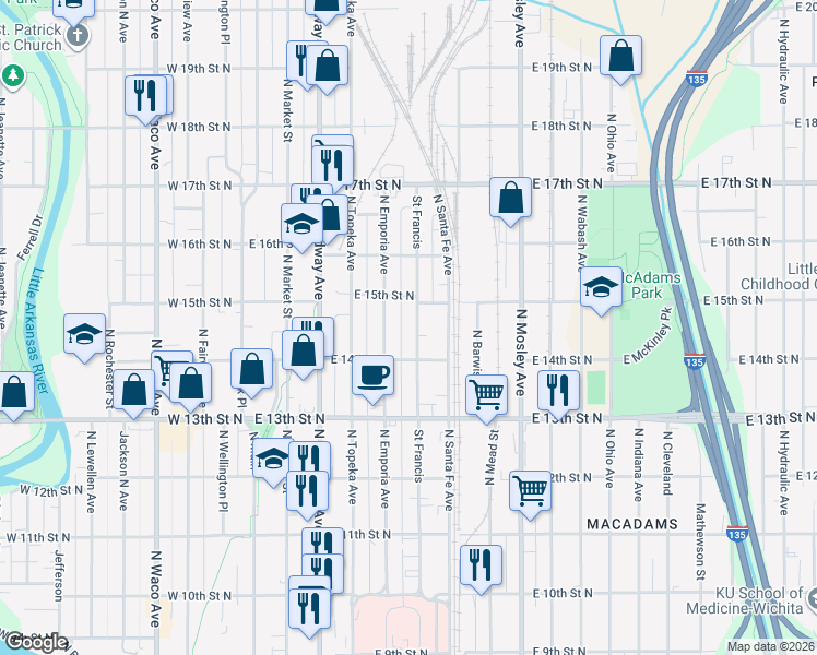 map of restaurants, bars, coffee shops, grocery stores, and more near 1541 Saint Francis in Wichita