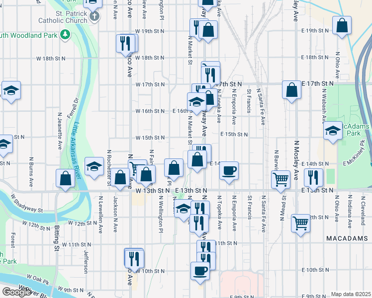 map of restaurants, bars, coffee shops, grocery stores, and more near 1558 North Market Street in Wichita