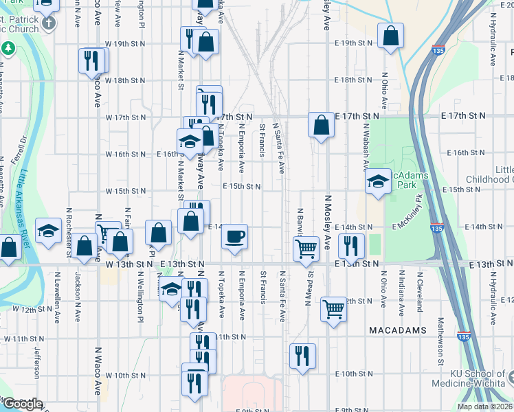 map of restaurants, bars, coffee shops, grocery stores, and more near 1541 Saint Francis in Wichita