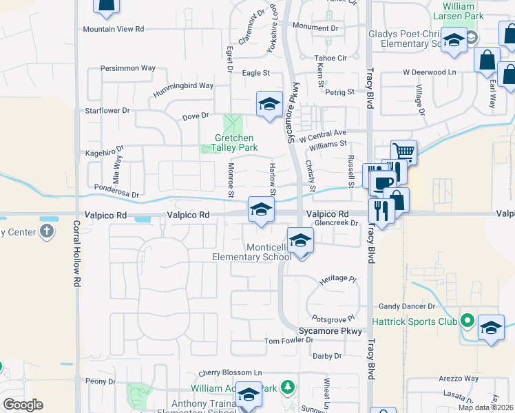 map of restaurants, bars, coffee shops, grocery stores, and more near 1301 Hepburn Street in Tracy