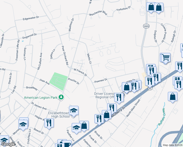 map of restaurants, bars, coffee shops, grocery stores, and more near 252 Metts Court in Elizabethtown
