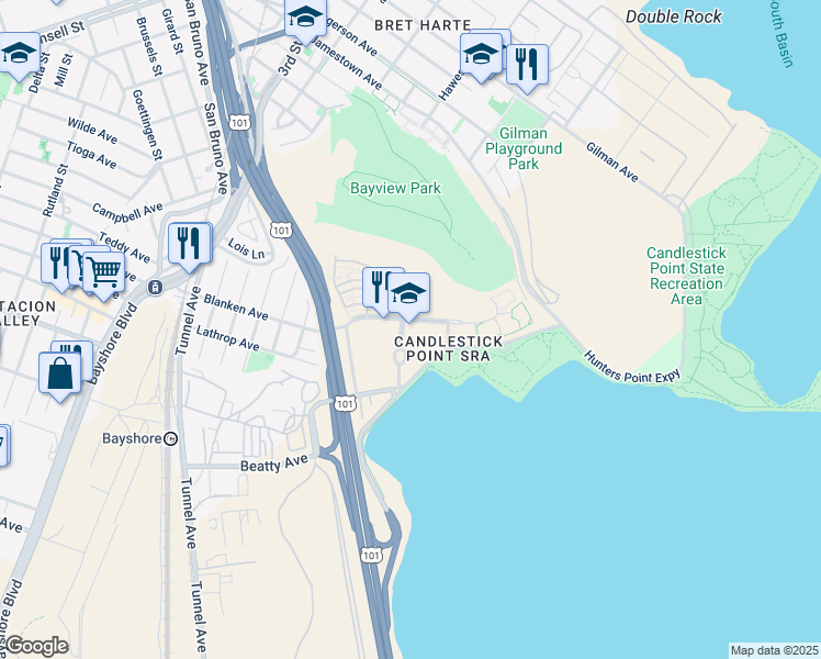 map of restaurants, bars, coffee shops, grocery stores, and more near 250 Executive Park Boulevard in San Francisco