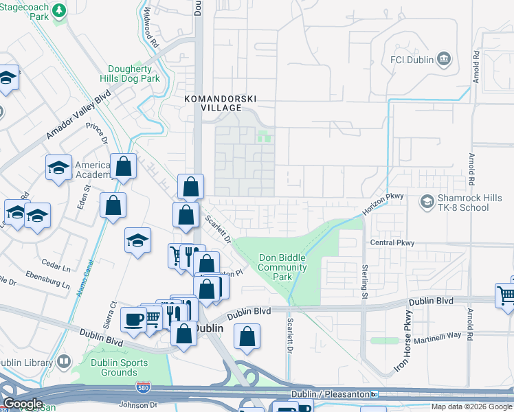 map of restaurants, bars, coffee shops, grocery stores, and more near 6357 Dandelion Street in Dublin
