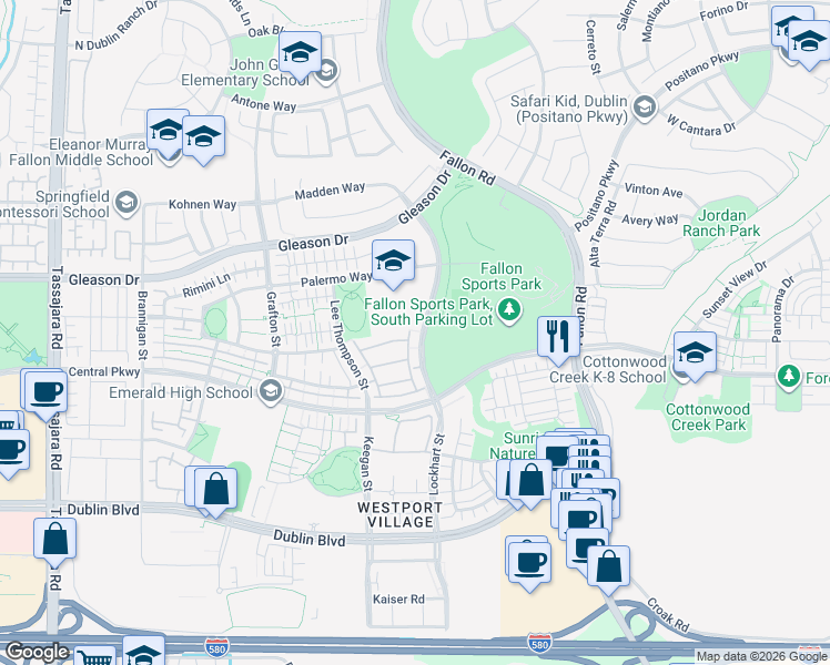 map of restaurants, bars, coffee shops, grocery stores, and more near 4473 Cherico Lane in Dublin