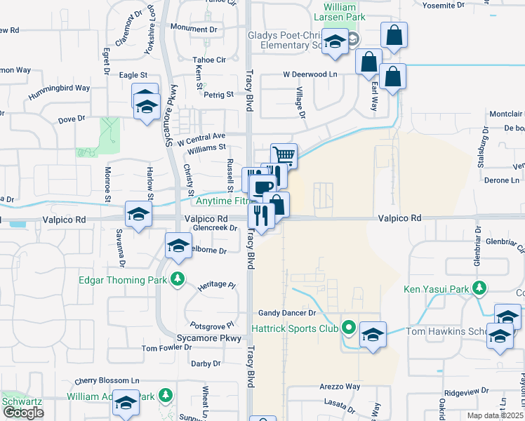 map of restaurants, bars, coffee shops, grocery stores, and more near 2610 South Tracy Boulevard in Tracy