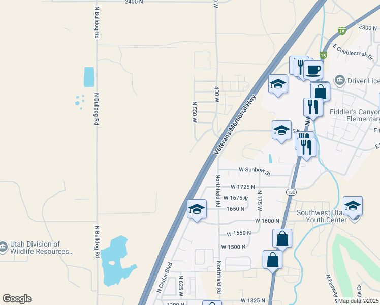 map of restaurants, bars, coffee shops, grocery stores, and more near 1600 North Access Road in Cedar City