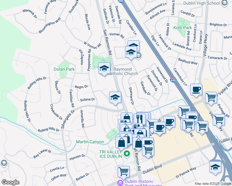 map of restaurants, bars, coffee shops, grocery stores, and more near 7765 Woodren Court in Dublin