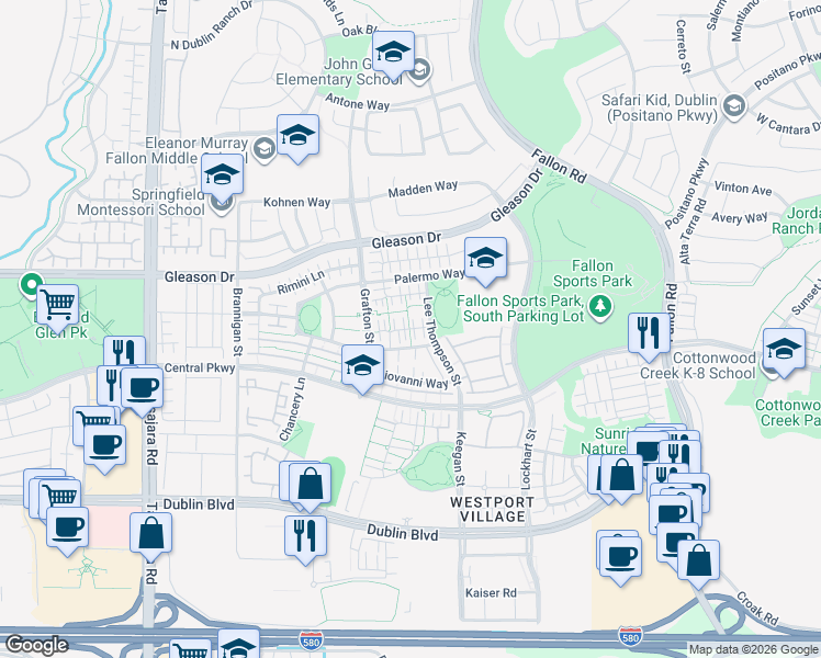 map of restaurants, bars, coffee shops, grocery stores, and more near 3327 Araldi Lane in Dublin
