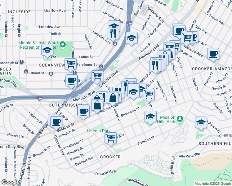 map of restaurants, bars, coffee shops, grocery stores, and more near 130 Rae Avenue in San Francisco