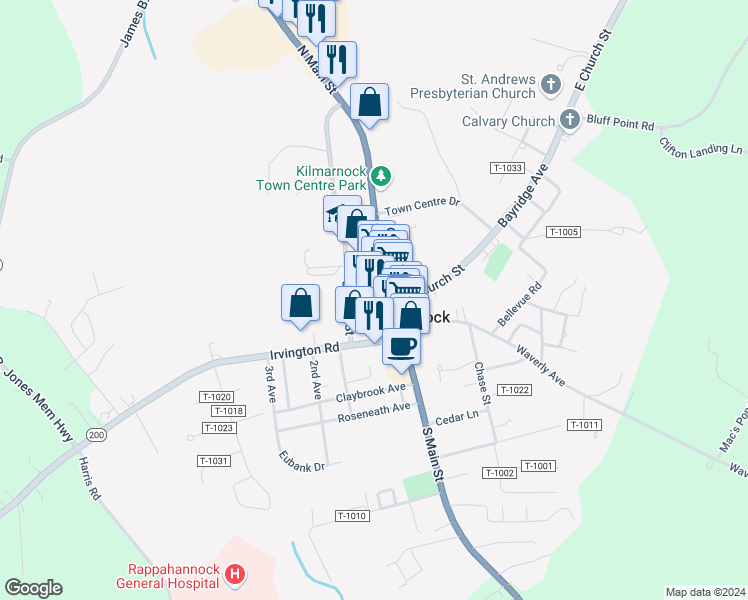 map of restaurants, bars, coffee shops, grocery stores, and more near 24 West Church Street in Kilmarnock
