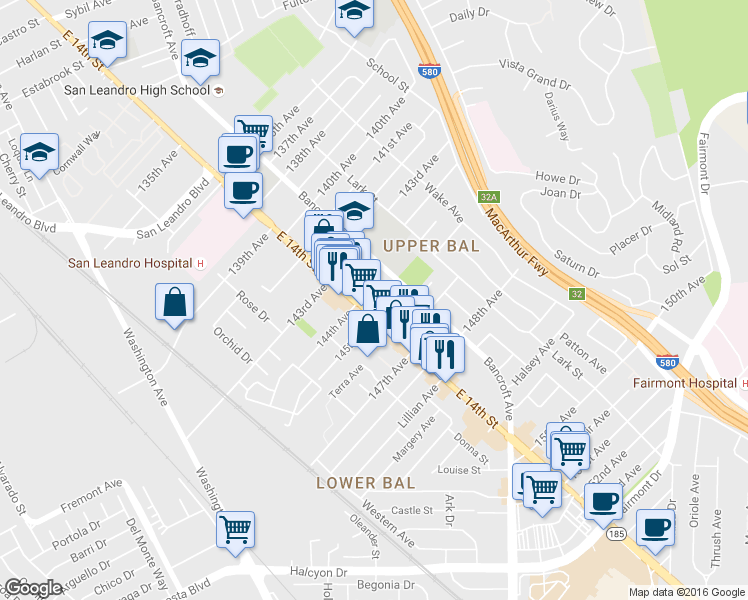 map of restaurants, bars, coffee shops, grocery stores, and more near 14365 Bancroft Avenue in San Leandro