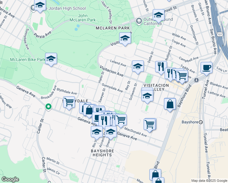 map of restaurants, bars, coffee shops, grocery stores, and more near 1250 Sunnydale Avenue in San Francisco