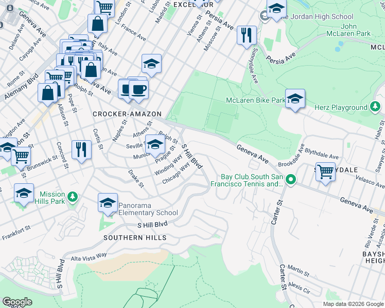 map of restaurants, bars, coffee shops, grocery stores, and more near 706 Rolph Street in San Francisco