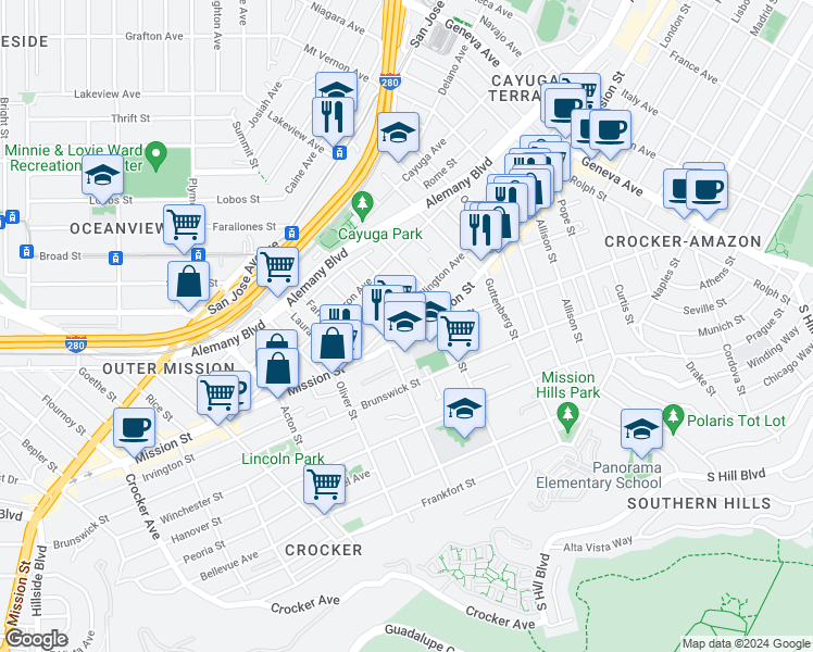 map of restaurants, bars, coffee shops, grocery stores, and more near 482 Ellington Avenue in San Francisco