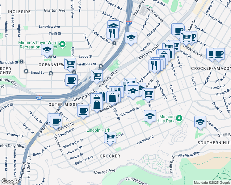 map of restaurants, bars, coffee shops, grocery stores, and more near 130 Rae Avenue in San Francisco