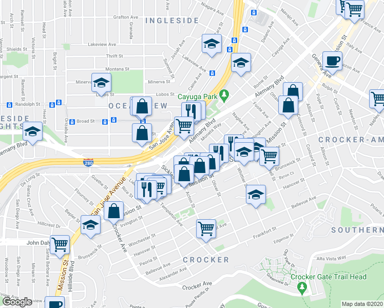 map of restaurants, bars, coffee shops, grocery stores, and more near in San Francisco