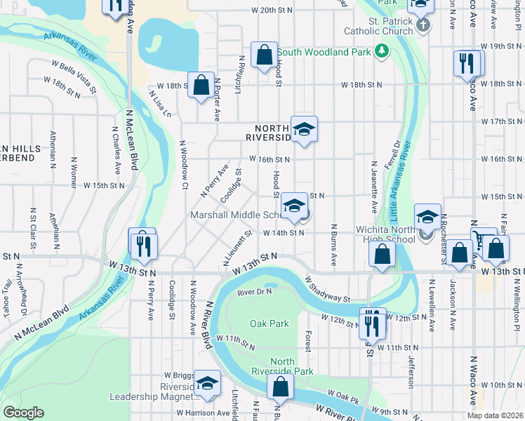 map of restaurants, bars, coffee shops, grocery stores, and more near 1301 West 15th Street North in Wichita
