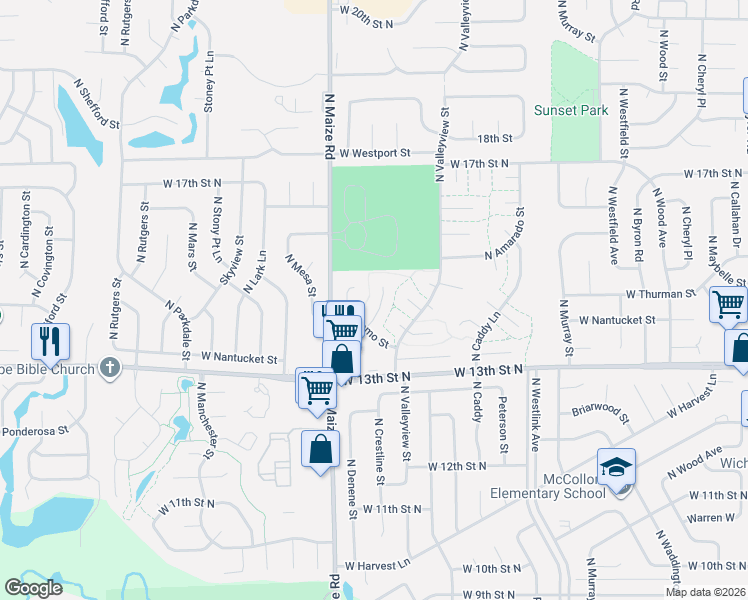 map of restaurants, bars, coffee shops, grocery stores, and more near 10234 Alamo Court in Wichita