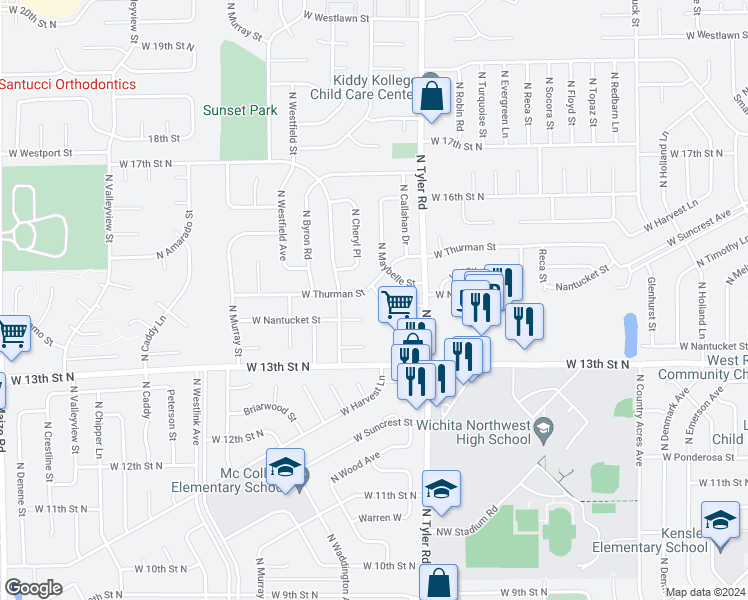 map of restaurants, bars, coffee shops, grocery stores, and more near 8917 Nantucket Street in Wichita