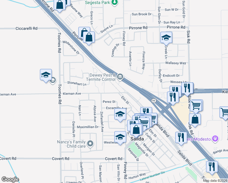 map of restaurants, bars, coffee shops, grocery stores, and more near 5000 Salida Boulevard in Salida
